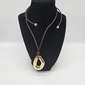 Atterri Brown Leather Cord Necklace and Gold Tone Pendant Adjustable Minimalist